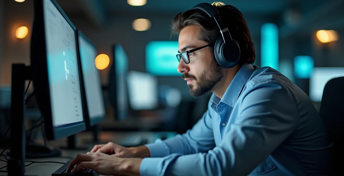 Opérateur de télésurveillance avec casque audio face à des écrans de contrôle